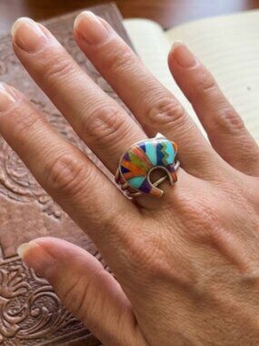 Southwest Inlay Multicolor Bear Sterling Silver Ring
